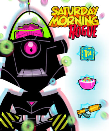 A black cartoonish robot staring at the viewer with icons next to it including a box top, cereal, and a yellow cartoon gun.