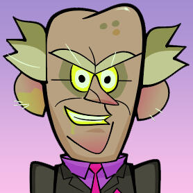 A cartoonishly evil balding man with yellowed eyes and teeth in a suit with purple accents