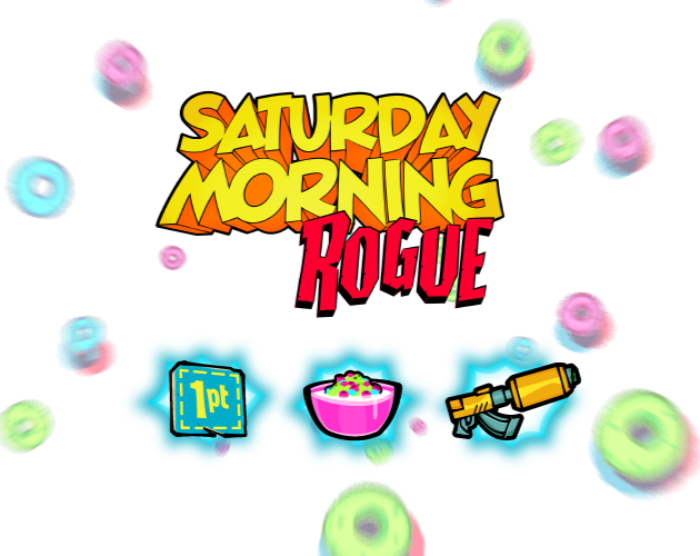A yellow and red logo that says Saturday Morning in playful font and Rogue in an aggressive red font.